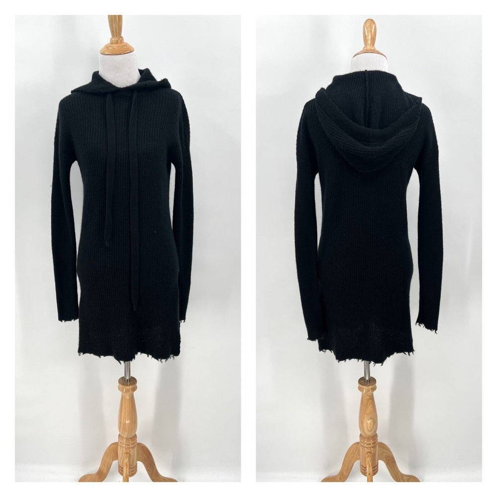 AUTUMN CASHMERE Sweater Hoodie Dress Women XS Black Distressed Long Sleeve